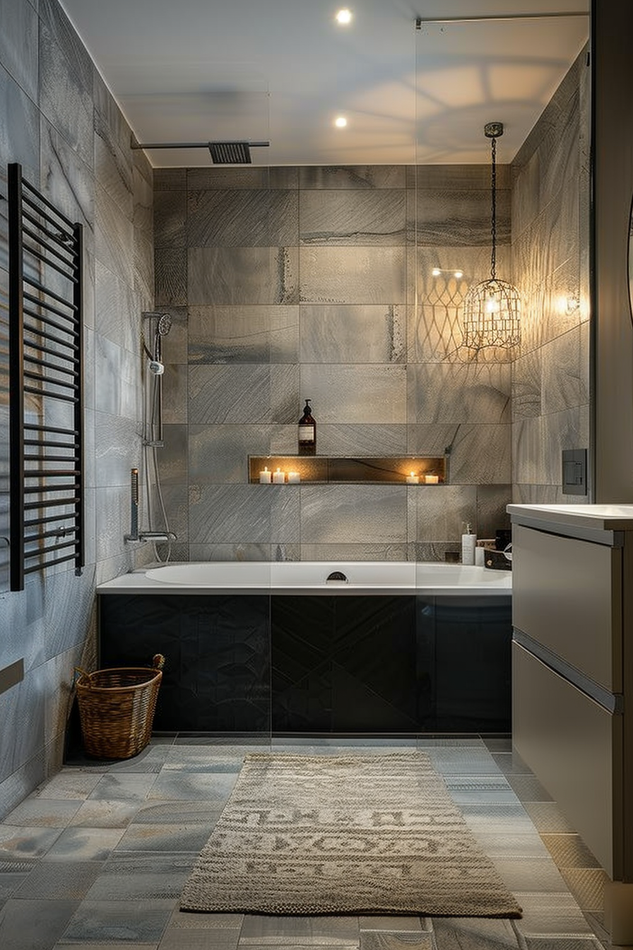 Modern bathroom with patterned grey tiles, walk-in shower, hanging chandelier, and heated towel rack.