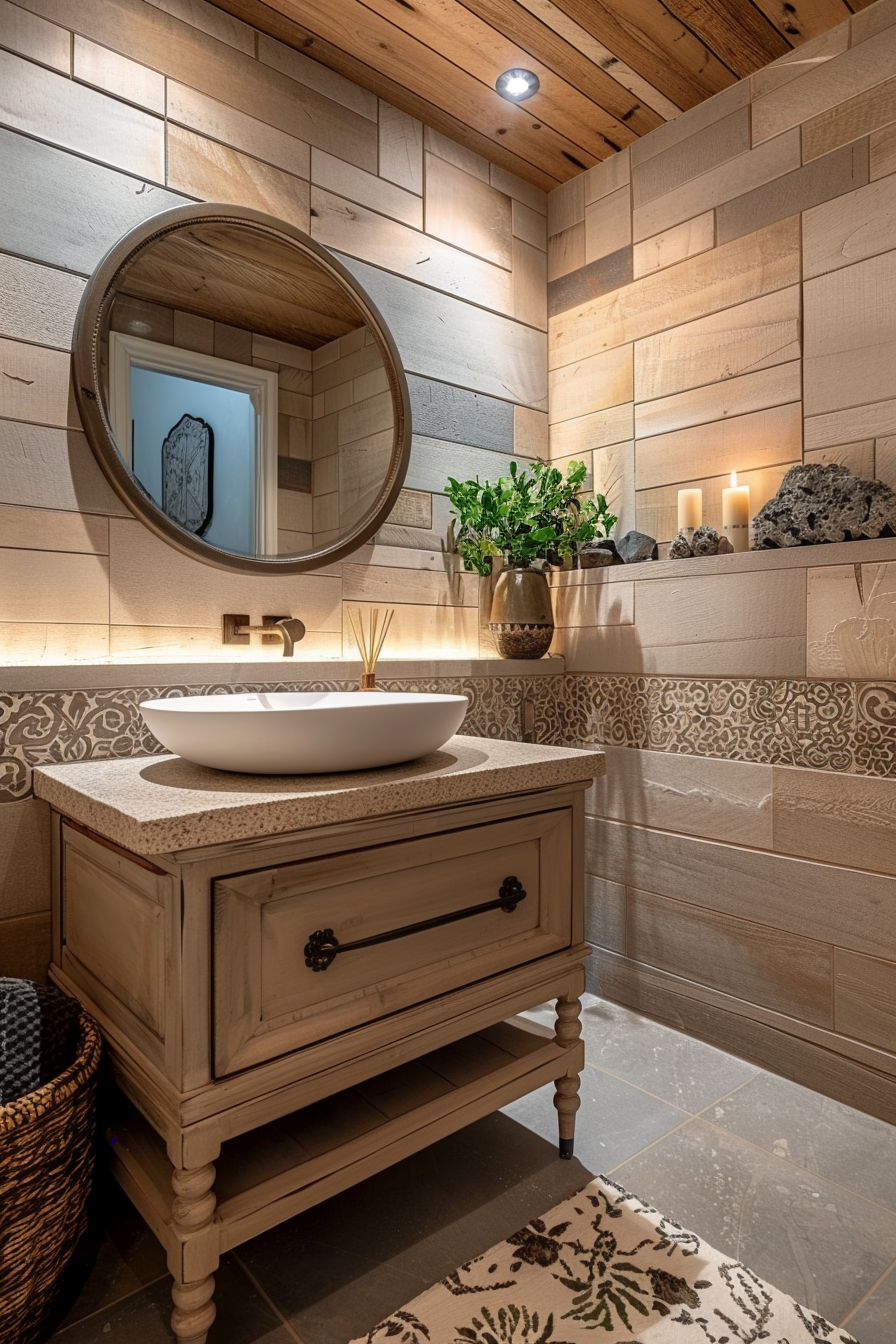 ALT text: A cozy bathroom corner with rustic wood paneling, vintage-style vanity, vessel sink, circular mirror, and decorative plants and candles.