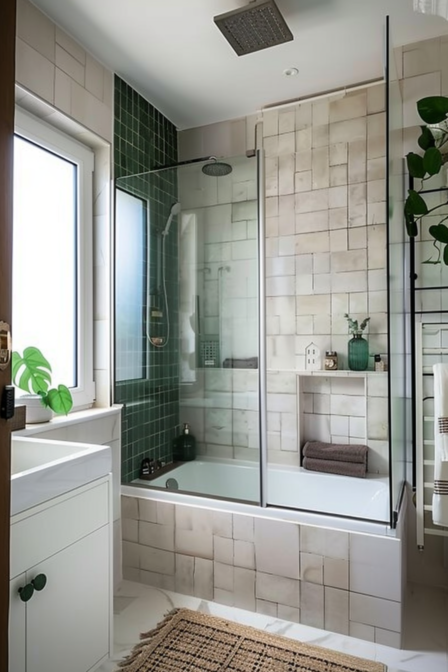 ALT: Modern bathroom with a glass shower cabin, tiled walls, and a bathtub under a window, accented with green plants and neutral tones.