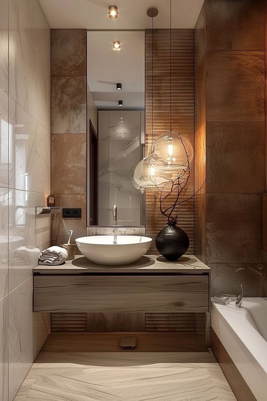 Modern bathroom interior with wooden accents, a vessel sink, unique lighting, and reflective surfaces.