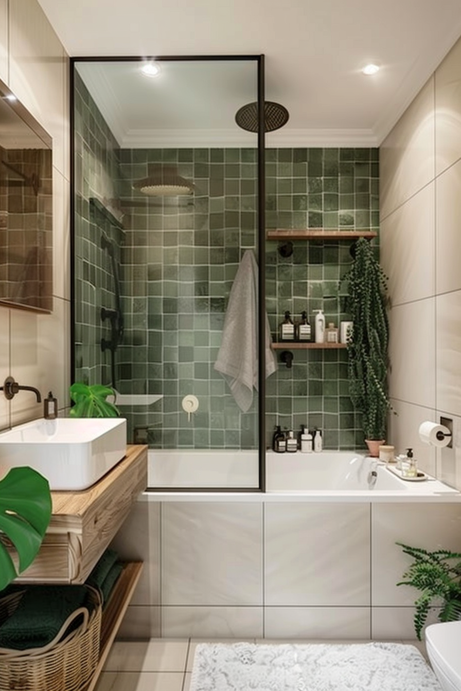 Modern bathroom interior with green tile shower area, glass partition, wooden vanity, and green plants.