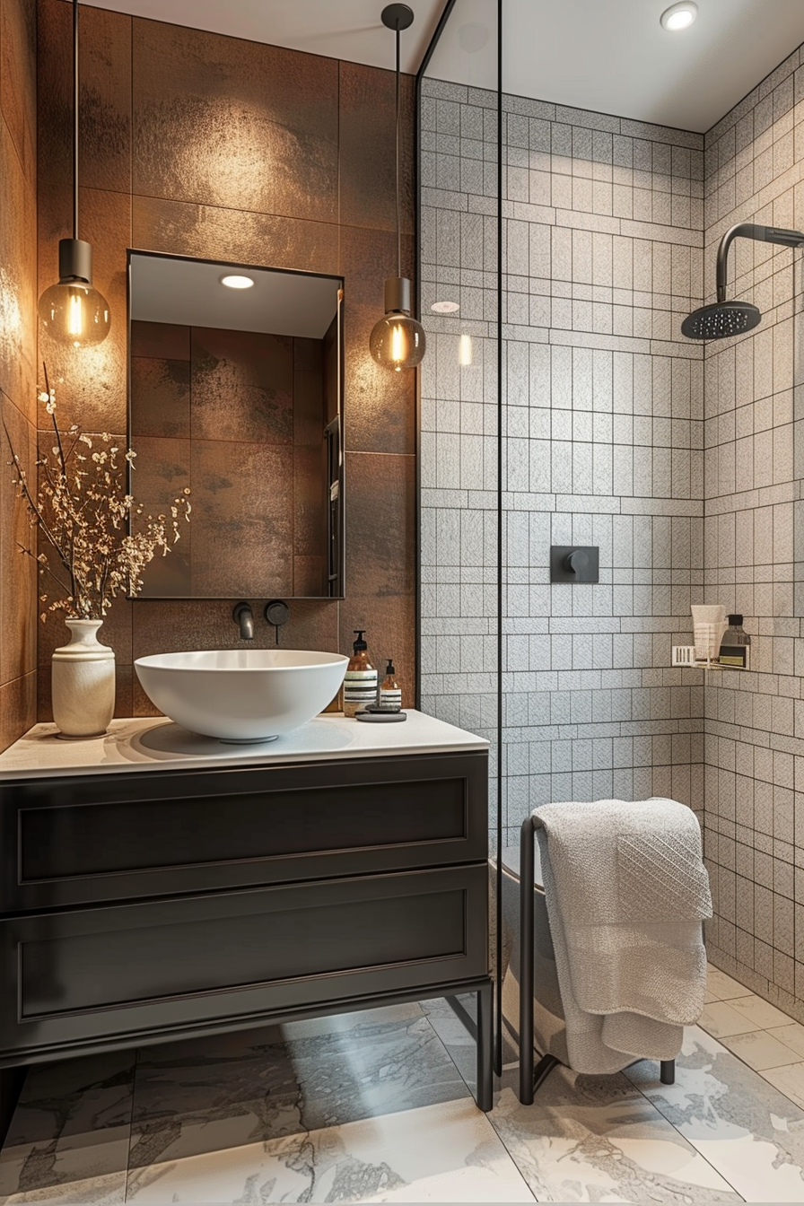 Modern bathroom interior with vessel sink, tiled walls, and hanging lights.