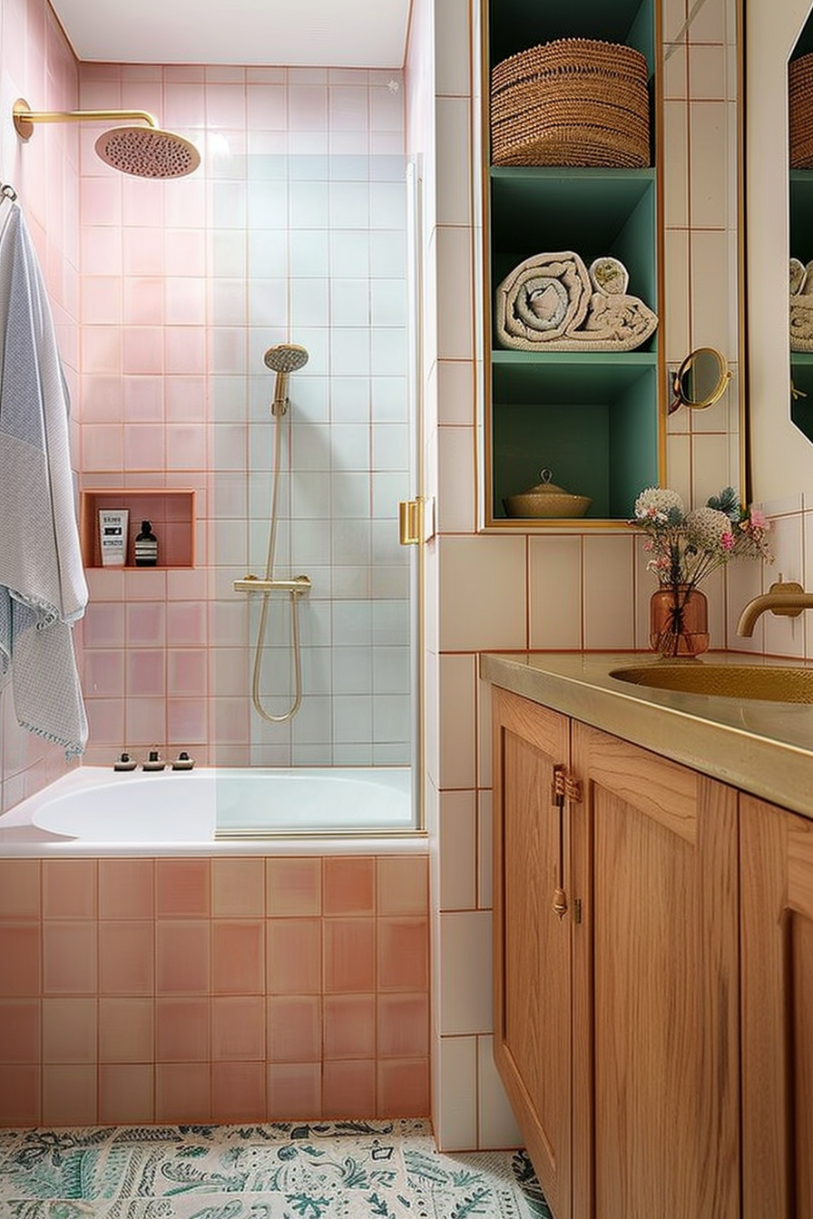 Modern bathroom with pink tiles, gold fixtures, a wooden cabinet, and a green shelf with wicker baskets.