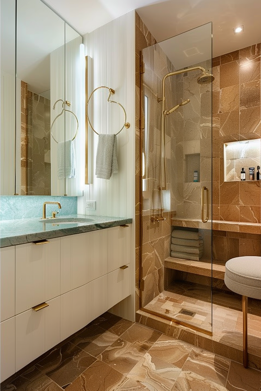 Modern bathroom interior with glass shower, marble walls, and gold fixtures.