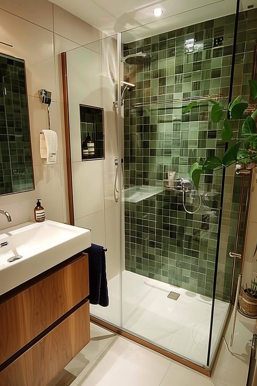Modern bathroom interior with a wooden vanity, white sink, glass shower enclosure, and green tile walls.