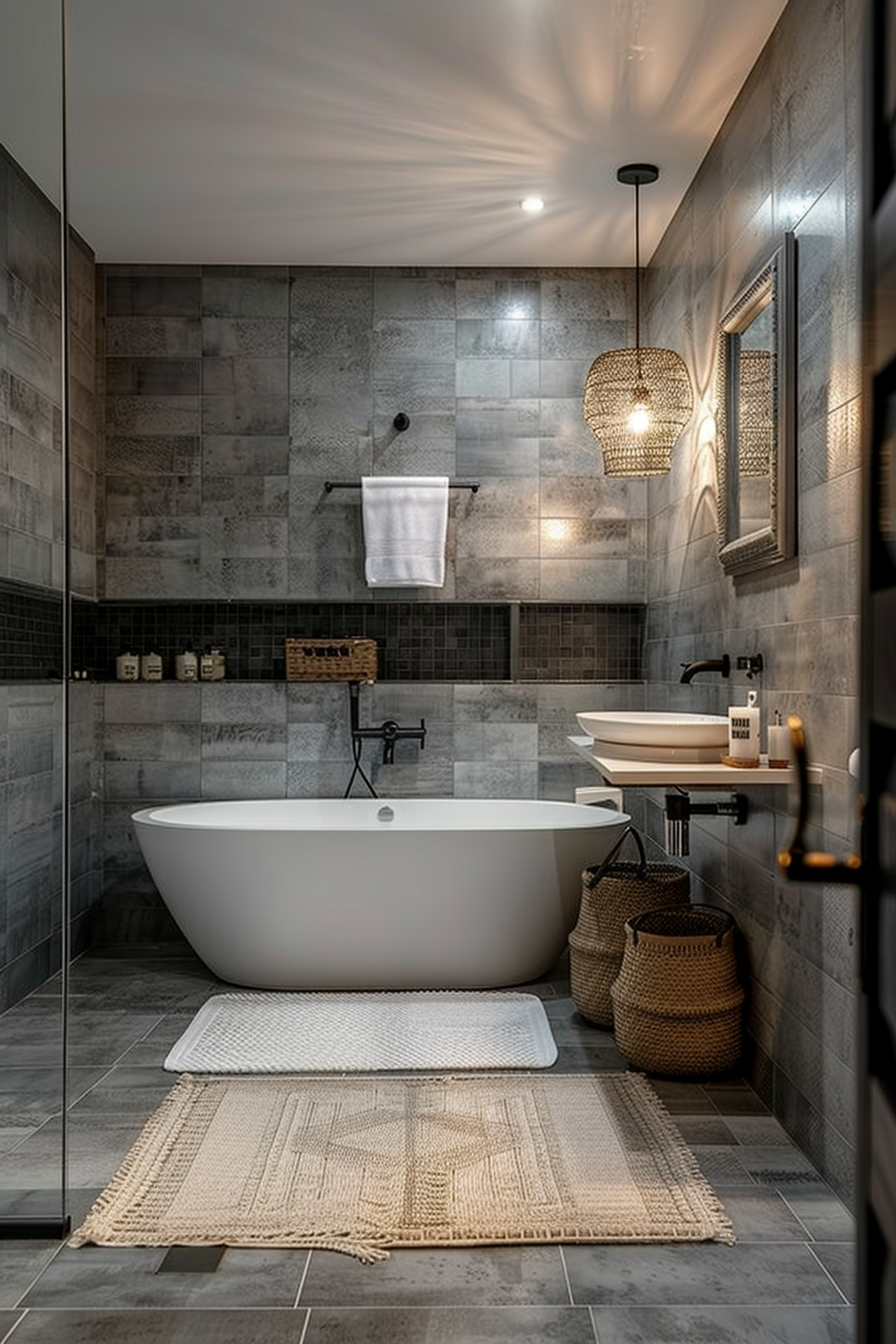 Modern bathroom with a freestanding tub, walk-in shower, textured tiles, and ambient lighting.