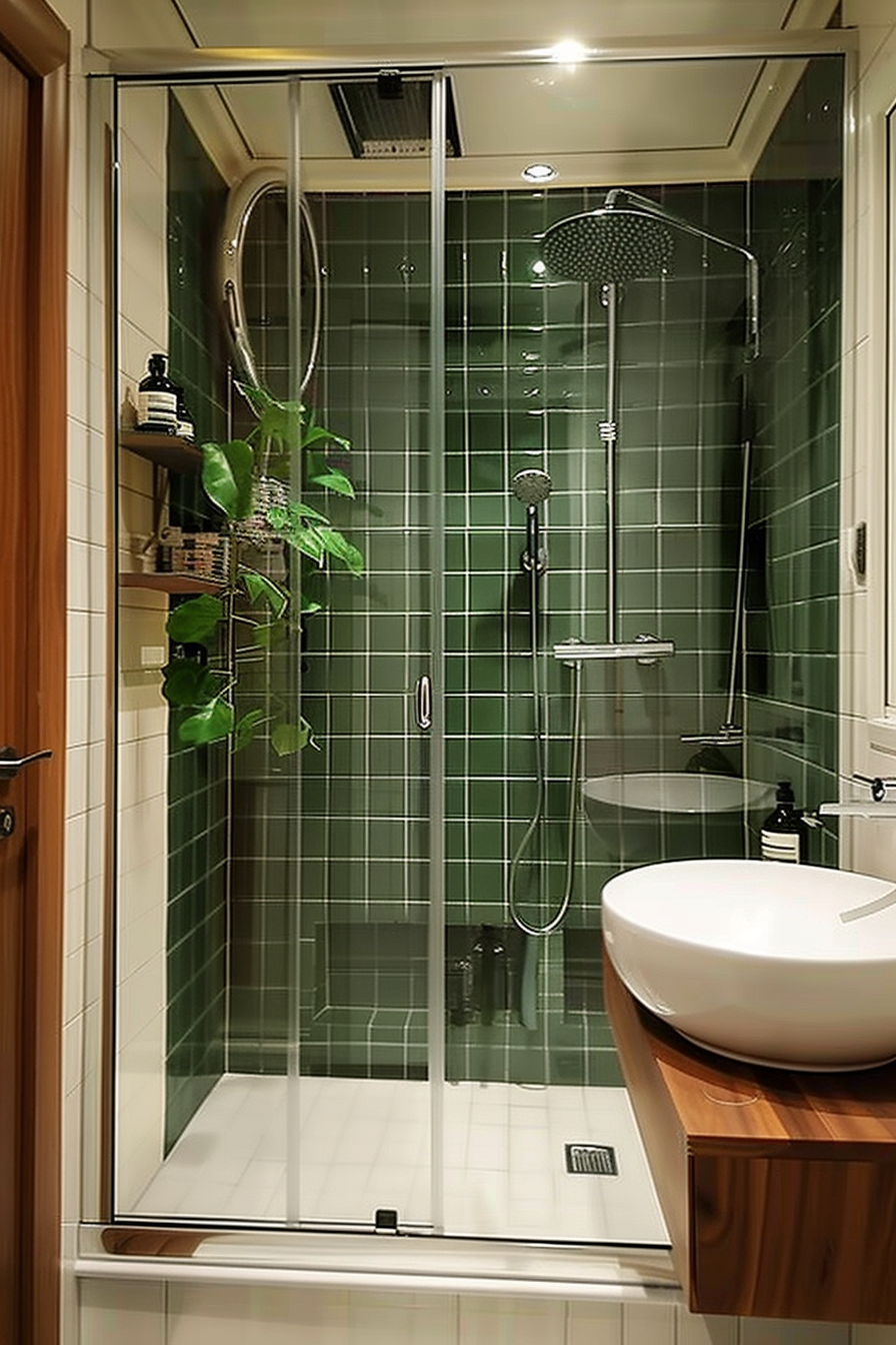 Modern bathroom interior with a glass shower stall, green tiles, wooden vanity, and a white basin. A plant adds a touch of nature.