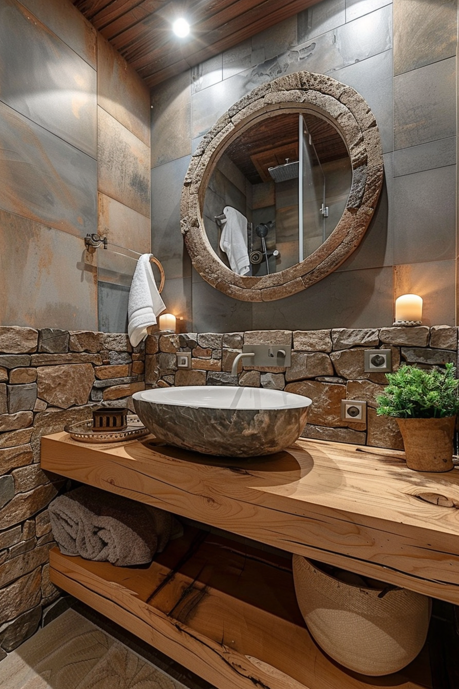 Rustic bathroom interior with stone walls, a wooden vanity topped with a marble basin, round mirror, and warm lighting.