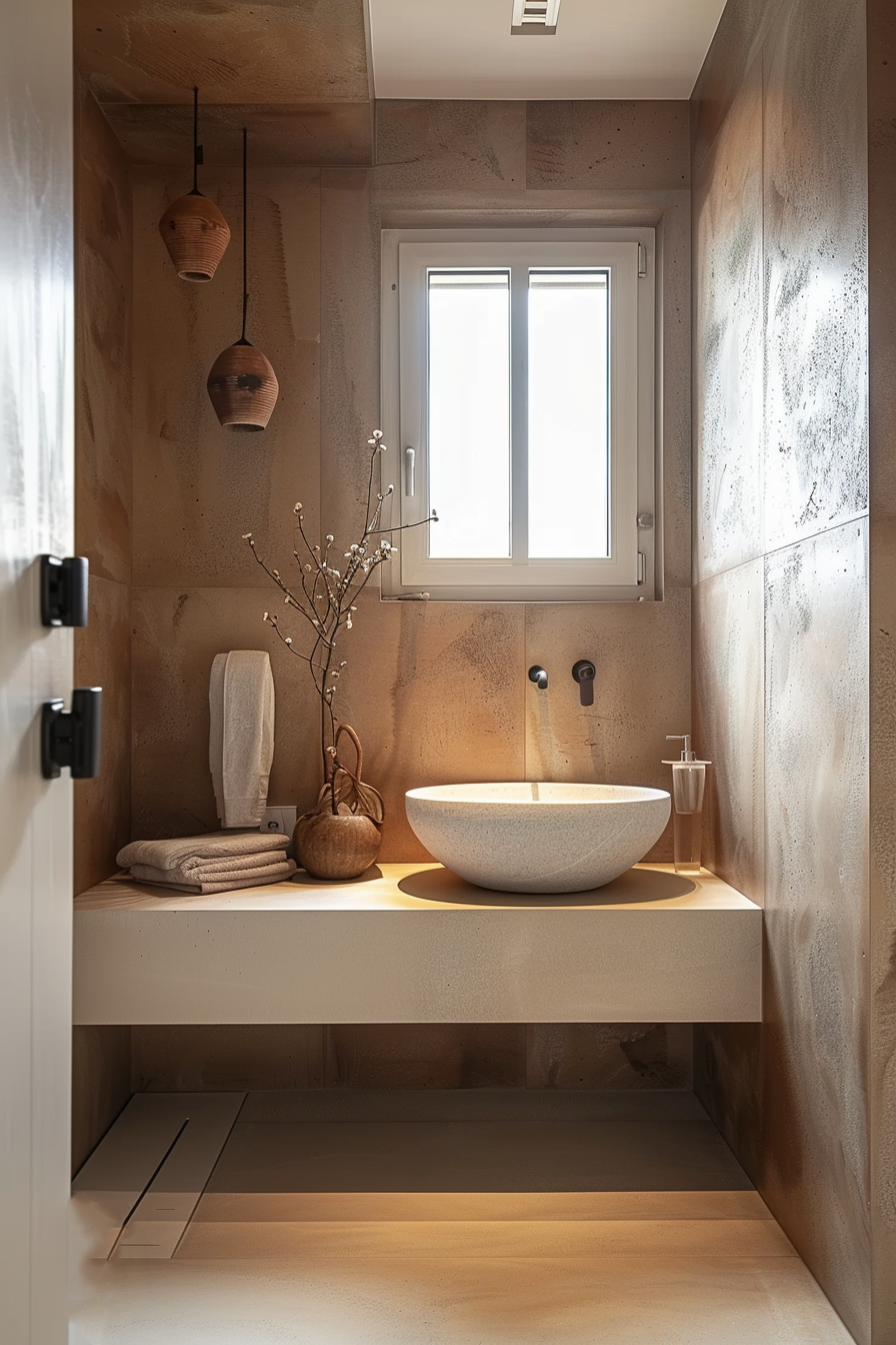 A modern bathroom with a textured wall, hanging wooden lamps, and a white vessel sink on a wooden vanity.