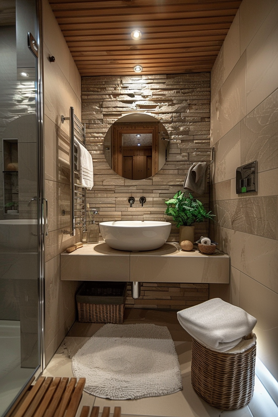 Modern bathroom interior with wood ceiling, stone accent wall, circular mirror, vessel sink, and glass shower enclosure.