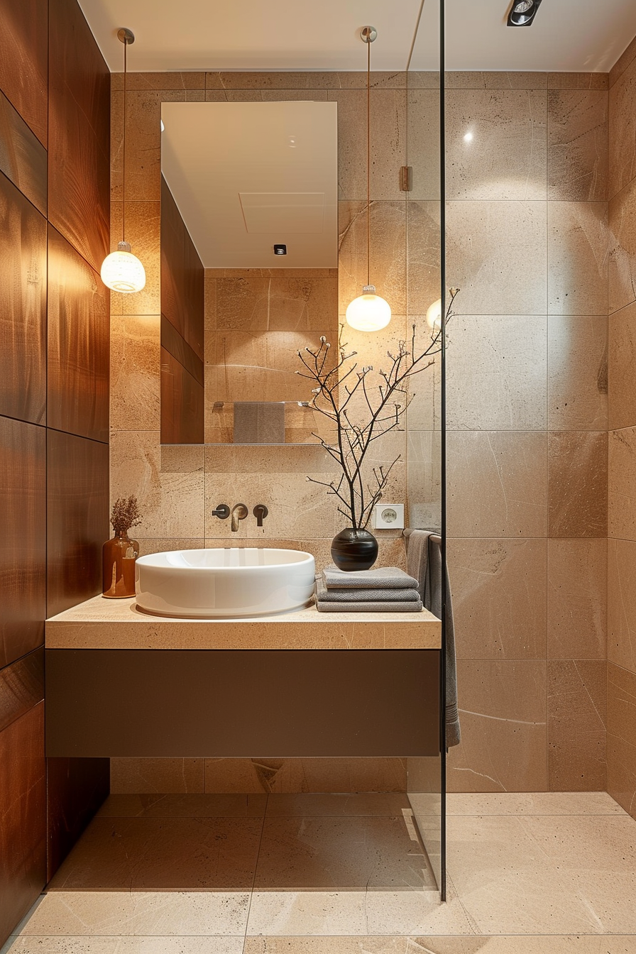 Modern bathroom interior with beige tiles, wooden elements, a white basin, pendant lights, and decorative branches in a vase.