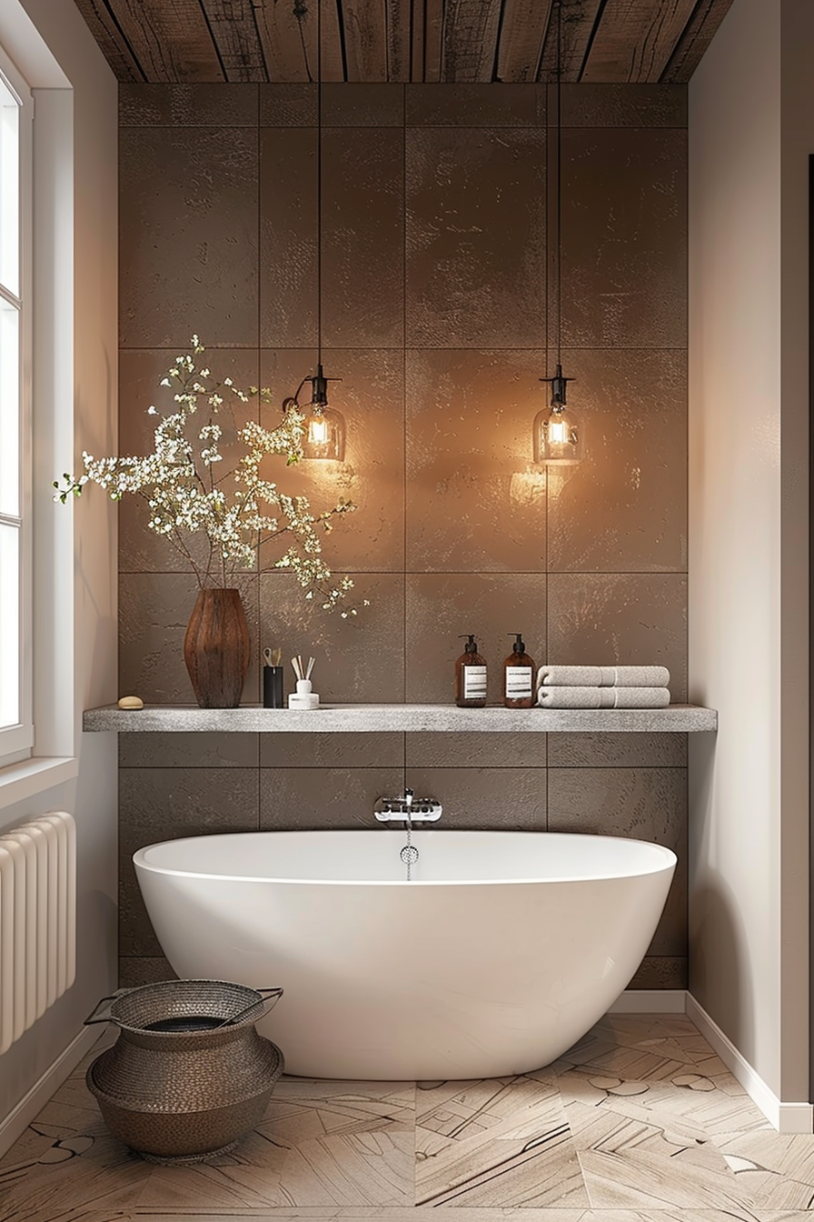 Elegant bathroom interior with a white freestanding bathtub, concrete walls, pendant lights, and a vase with white flowers.