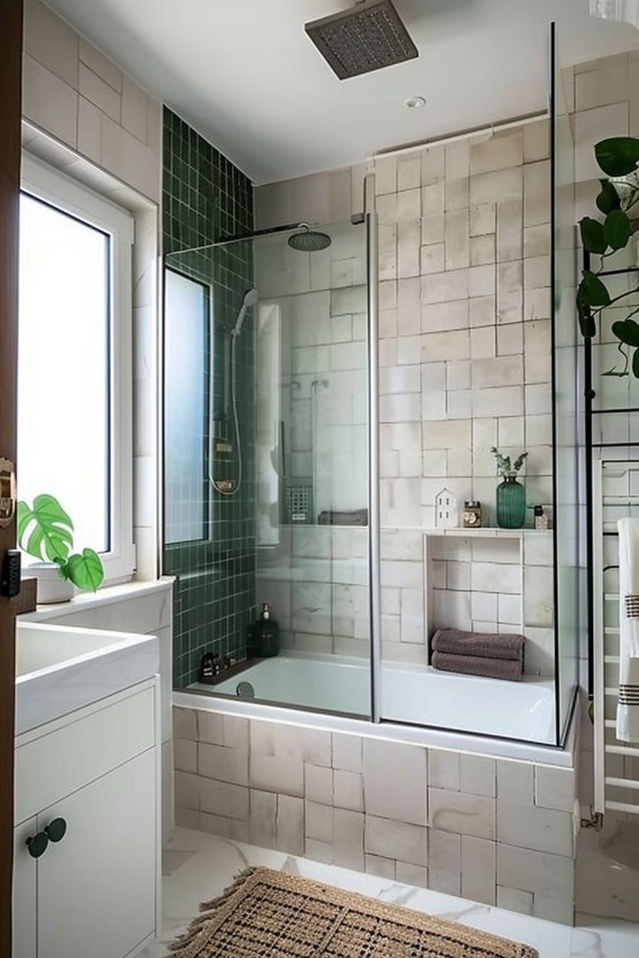 Modern bathroom with a walk-in shower and bathtub combo, green tiles, white walls, and houseplants.