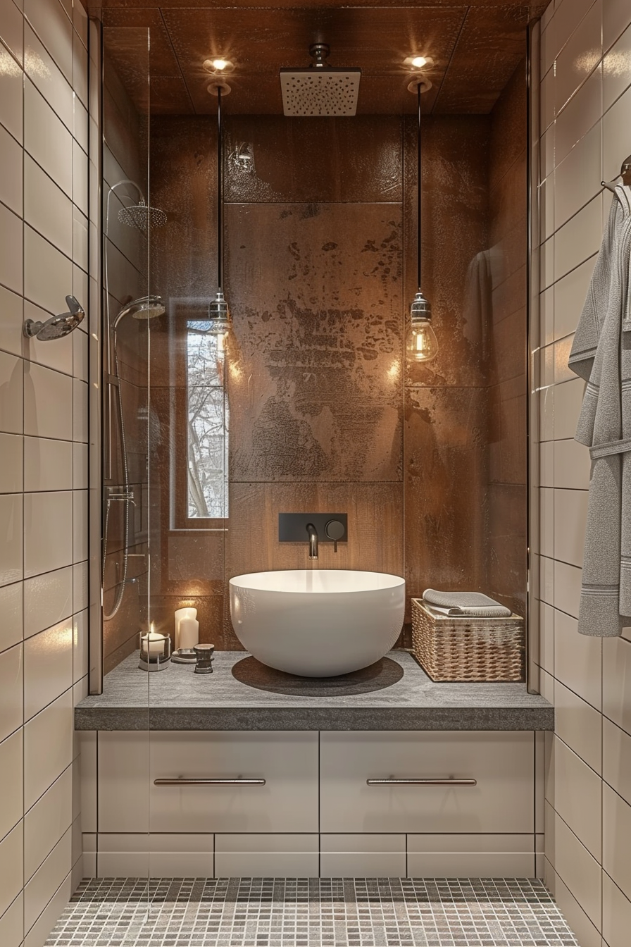 Modern bathroom with a walk-in shower, rain showerhead, vessel sink, and pendant lights, featuring earth-toned tiles and elegant decor.