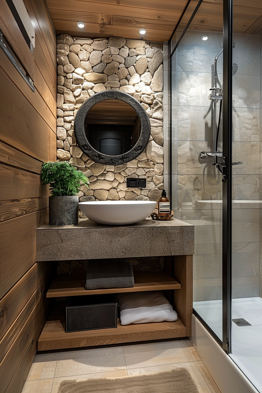 Modern bathroom with stone accent wall, round mirror, vessel sink, wooden shelves, and glass shower enclosure.