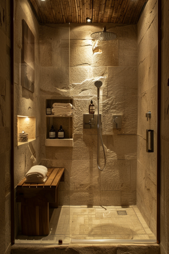 Luxurious stone-walled bathroom with rainfall showerhead, handheld shower, wooden bench, and recessed shelves with towels and bottles.