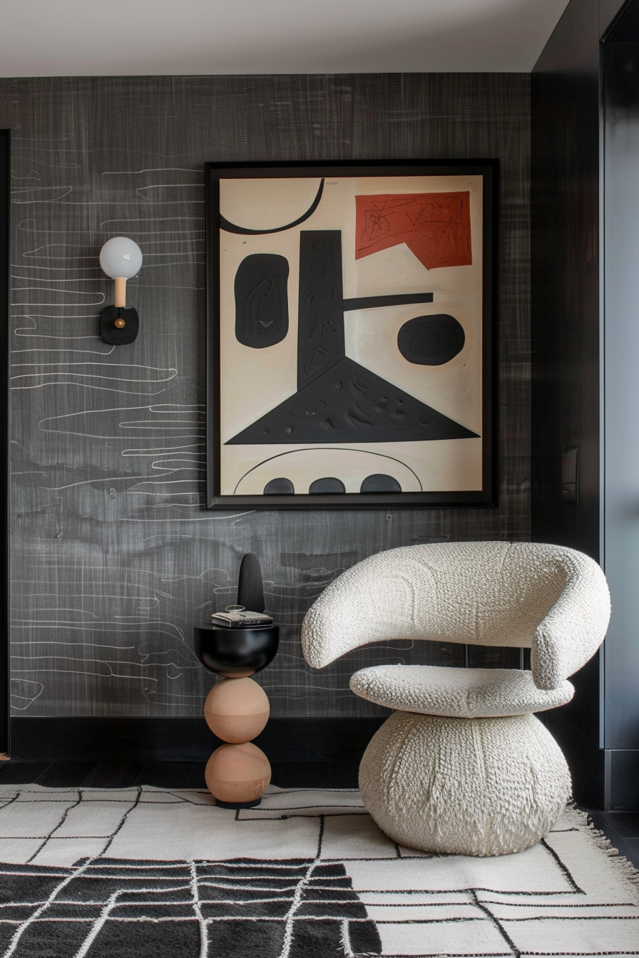 A modern room featuring an abstract wall art, a unique textured armchair, a sculptural side table, and a geometric-patterned rug.
