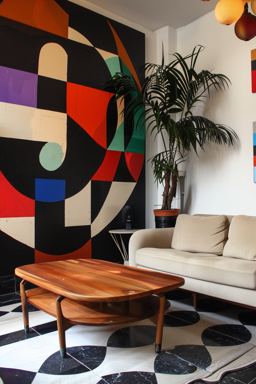 A cozy living space with a beige sofa, wooden coffee table, black and white floor, and a colorful abstract mural with a potted plant.