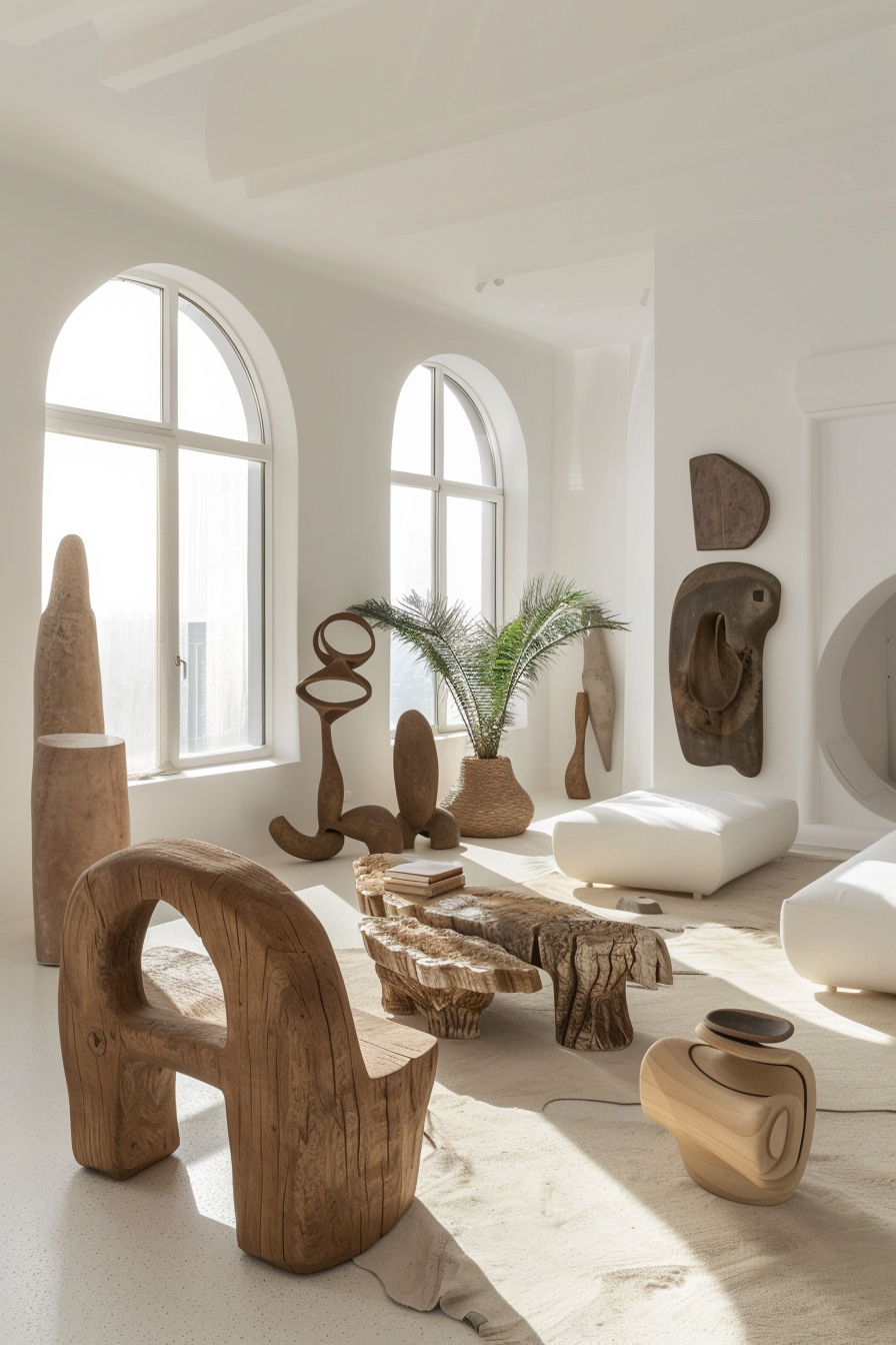 Bright, minimalist room with arched windows and artistic wooden furniture and sculptures.