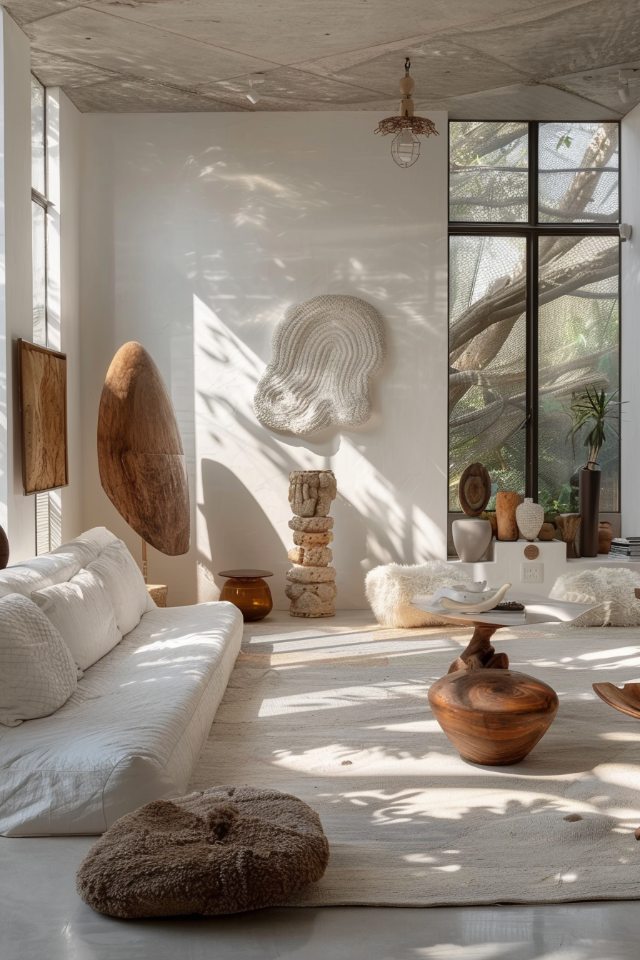 Sunlit, cozy living room with eclectic wooden sculptures, white couch, fluffy pillows, and large windows with leafy views.