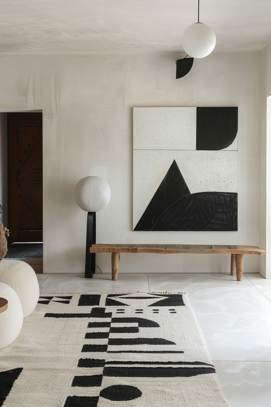 Modern minimalist living room with a large abstract black and white painting, wooden bench, sculptural lamp, and patterned rug.
