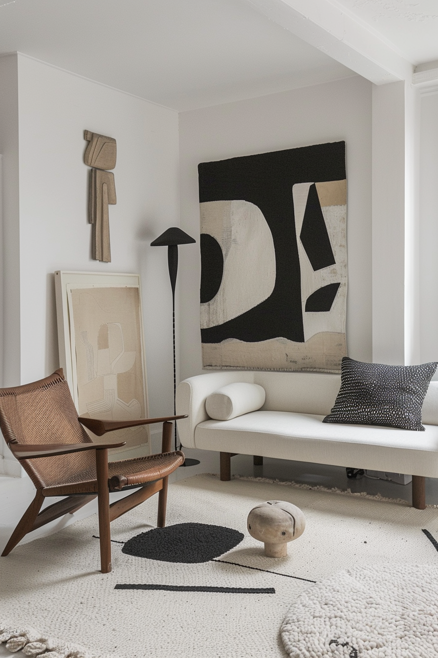 Modern living room interior with abstract art, wooden chair, white sofa, black floor lamp, and textured rug.