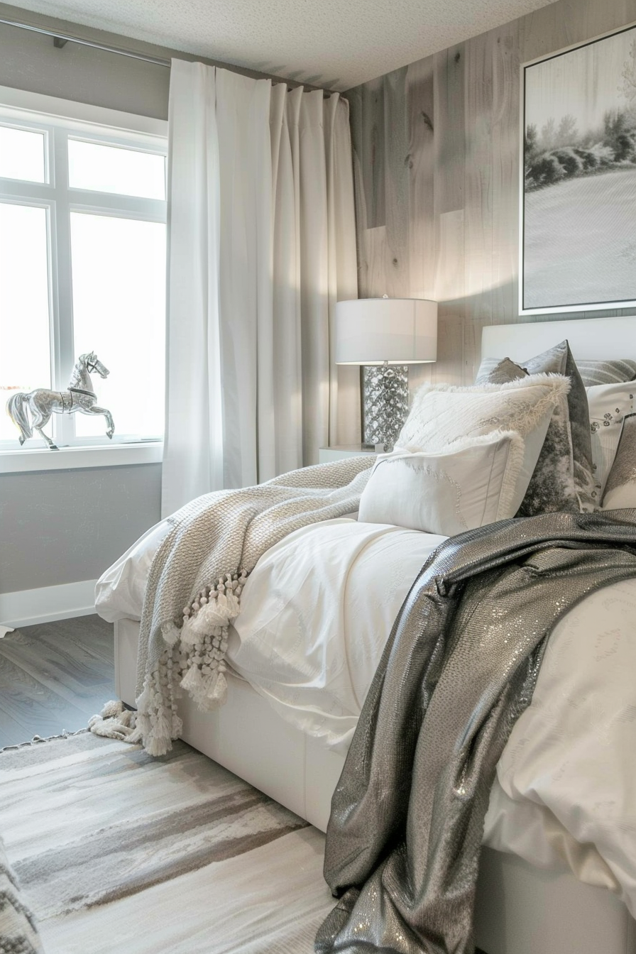 A modern bedroom with neutral tones, featuring a bed with white linens, throw pillows, a wooden wall, and a horse statue on the windowsill.