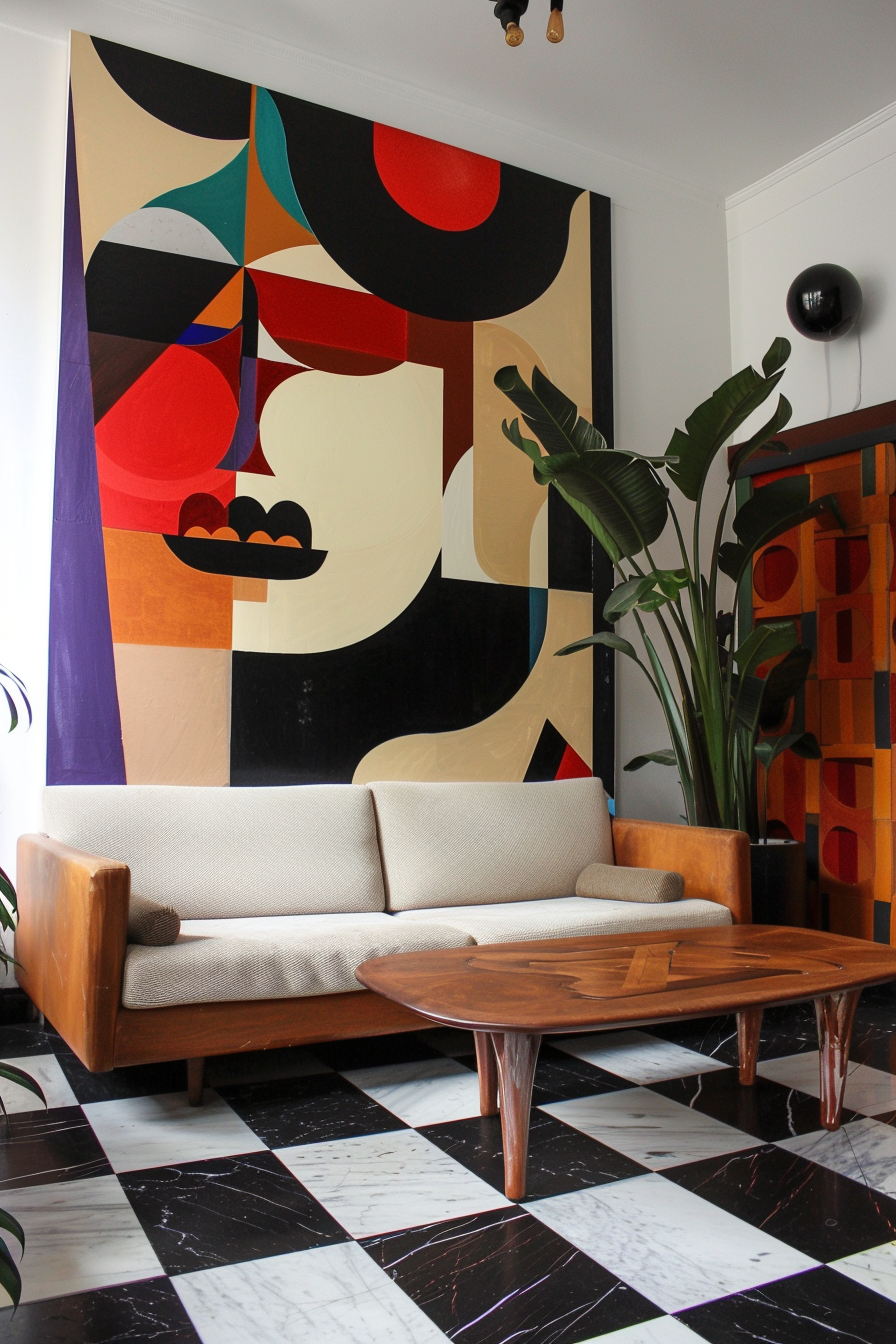 Modern living room with a large abstract painting, mid-century beige sofa, wooden coffee table, and black-and-white tiled floor.