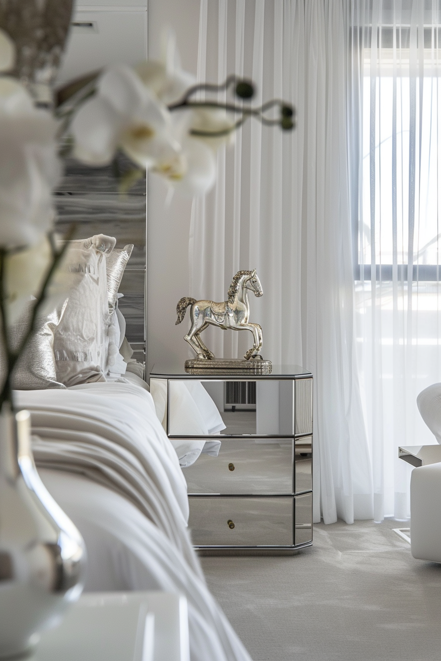 Elegant bedroom with white decor, a mirrored bedside table, and a metallic horse sculpture, bathed in natural light from window sheers.