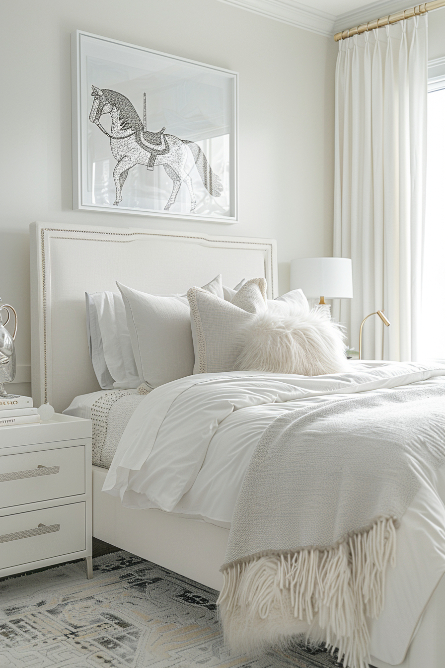 Elegant bedroom with a white upholstered bed, crisp white bedding, a horse artwork above, and soft beige accents.