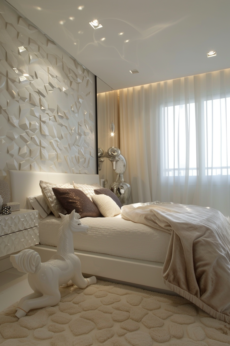 Modern bedroom with textured white wall, plush bedding, decorative pillows, and a horse sculpture on a cream carpet.