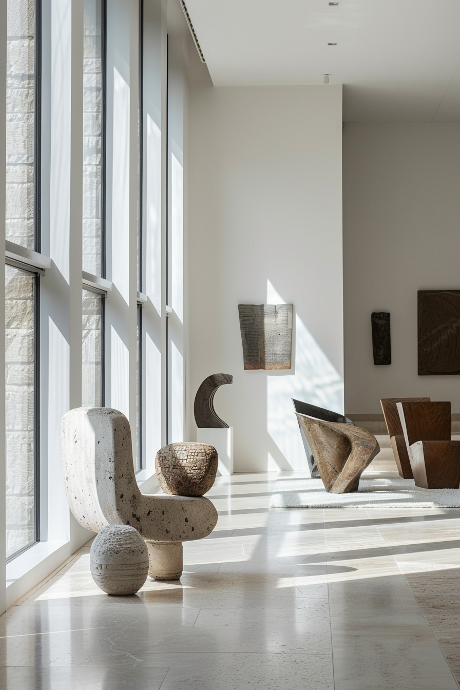 Modern gallery interior with large windows, natural light, and abstract sculptures.