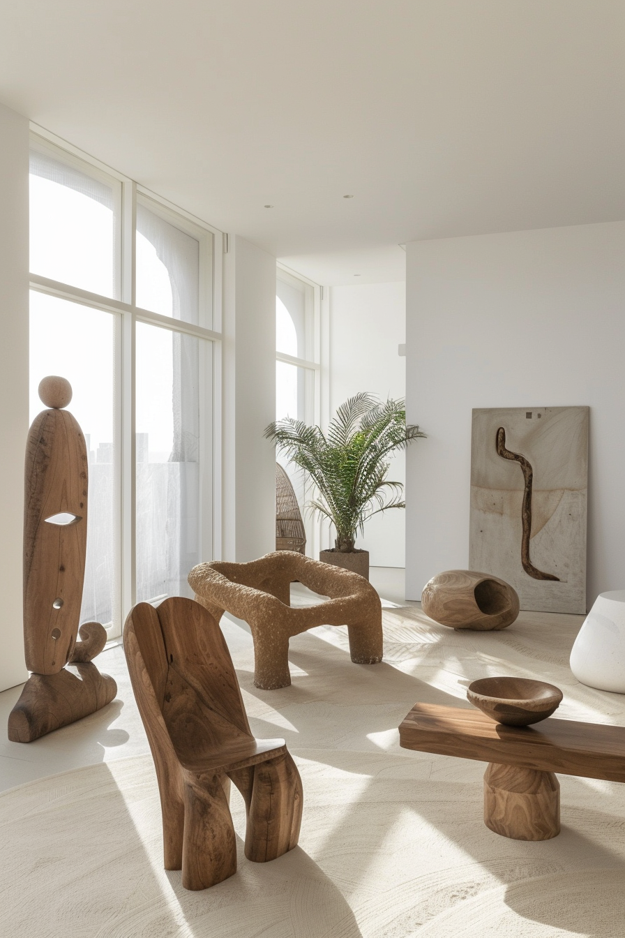 Modern room with wooden sculptures and furniture, large windows, and a potted plant, bathed in natural sunlight.