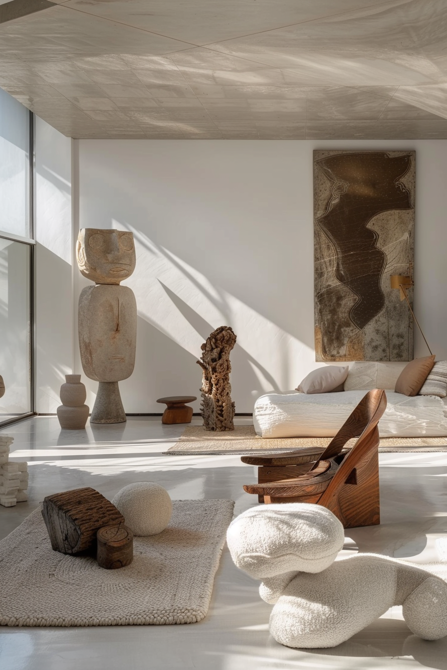 Sunlit minimalist living space with abstract sculptures, wooden furniture, and textured art on the wall.
