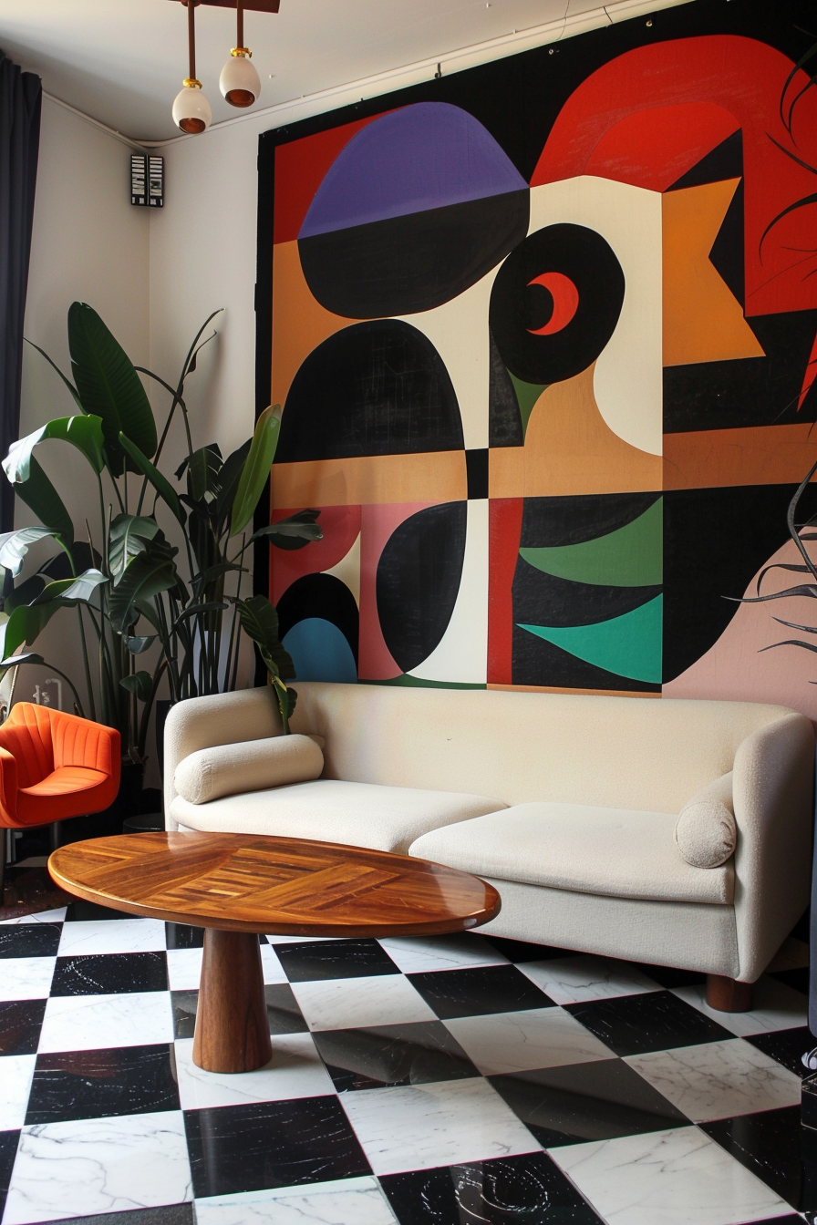 A stylish living room with a large abstract wall mural, modern sofa, wooden oval table, and checkered floor.