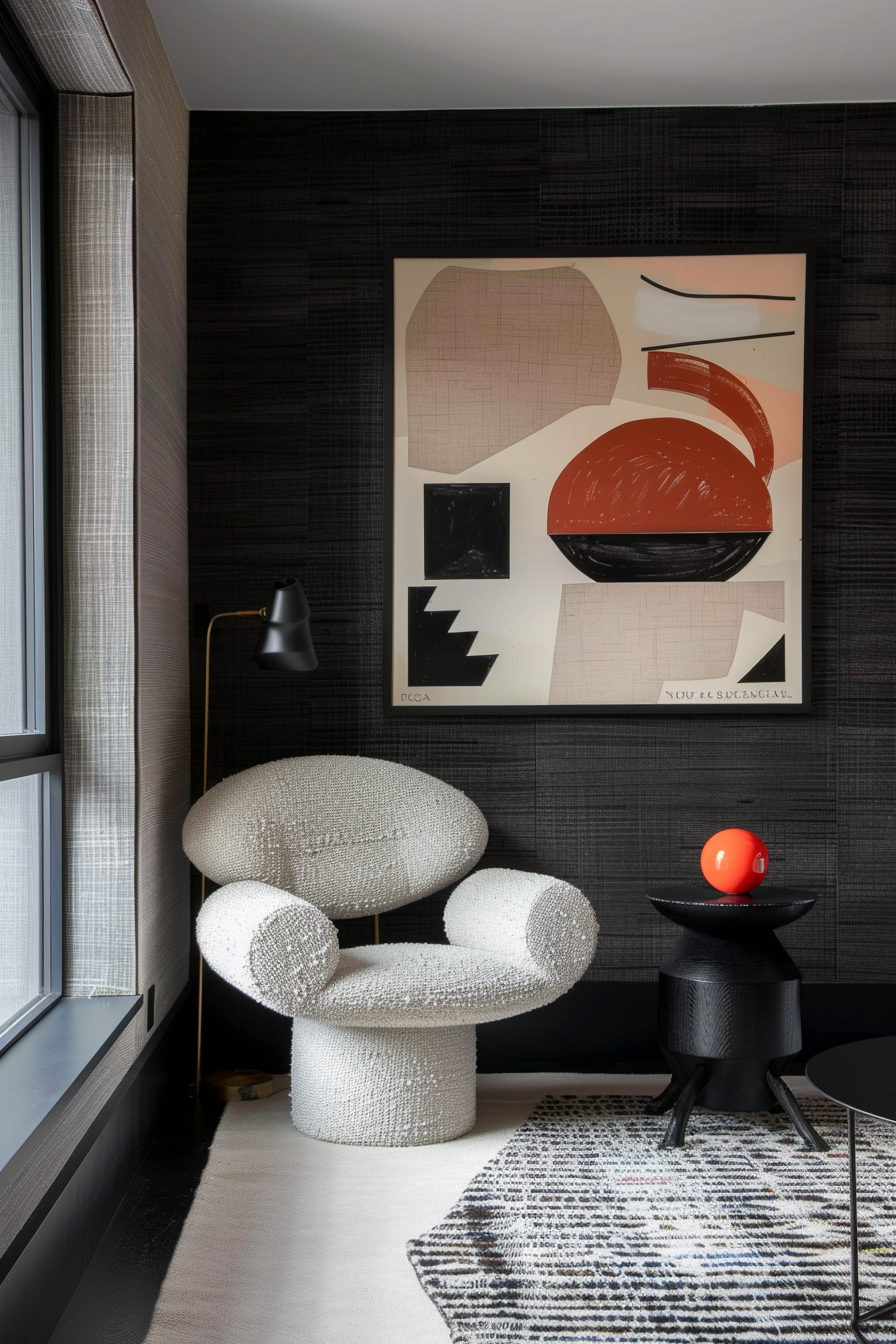 A modern room with a textured white chair, abstract wall art, black side table with a red orb, patterned rug, and brass floor lamp.