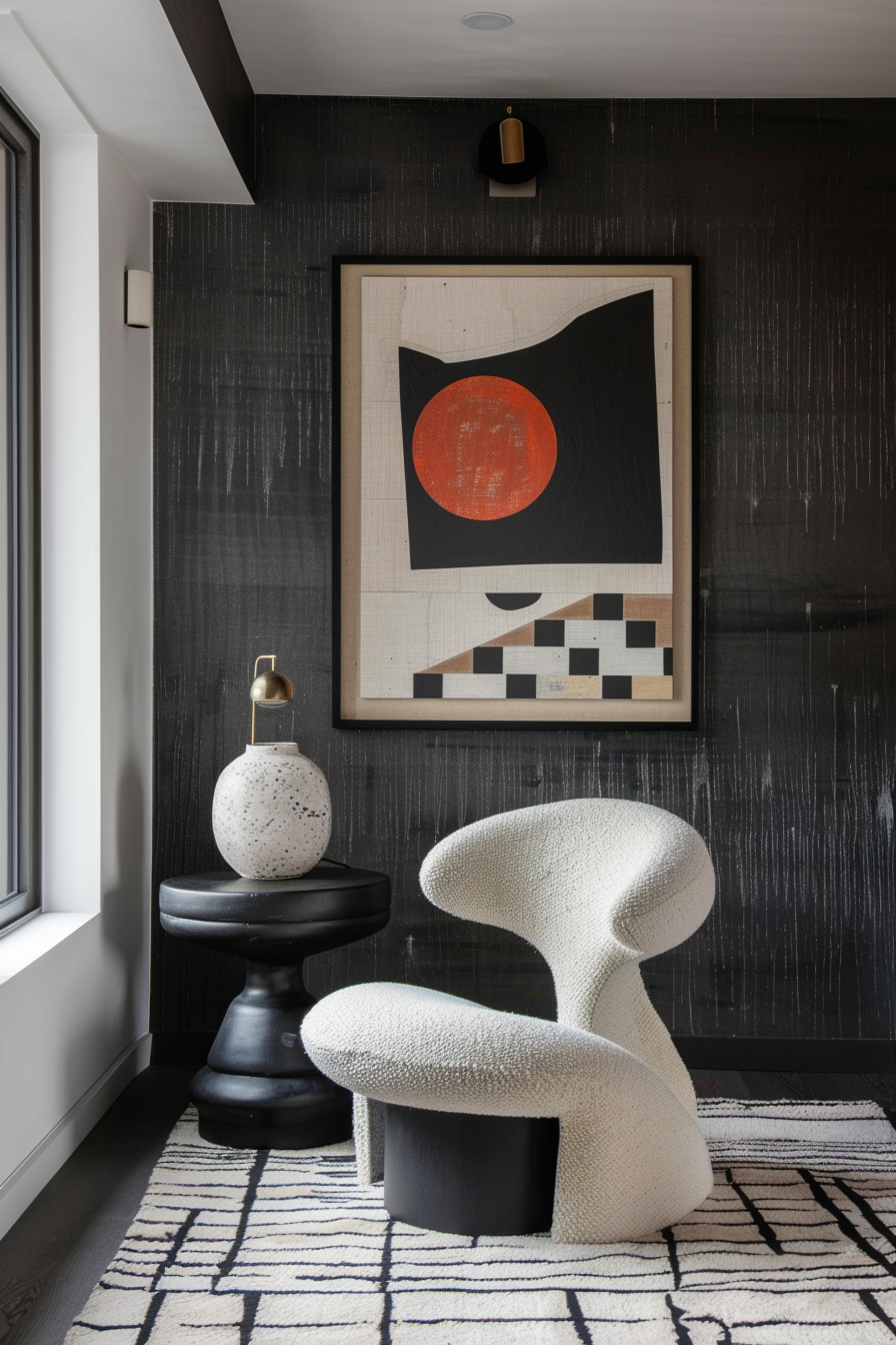 Modern interior with abstract art, sculptural white chair, decorative objects on black side table, and textured black wallpaper.