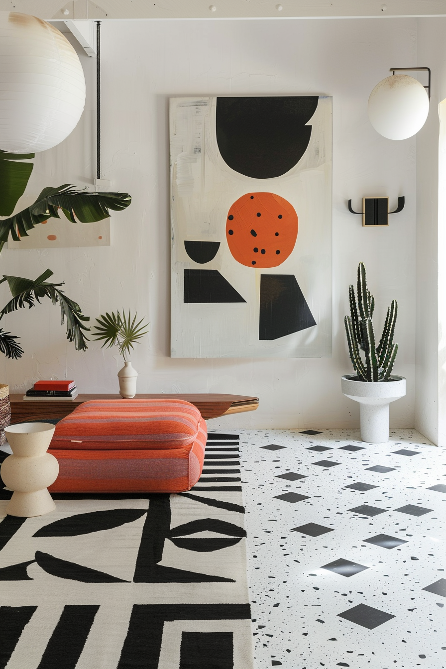 Modern living room interior with abstract wall art, patterned rug, orange ottoman, and indoor plants.