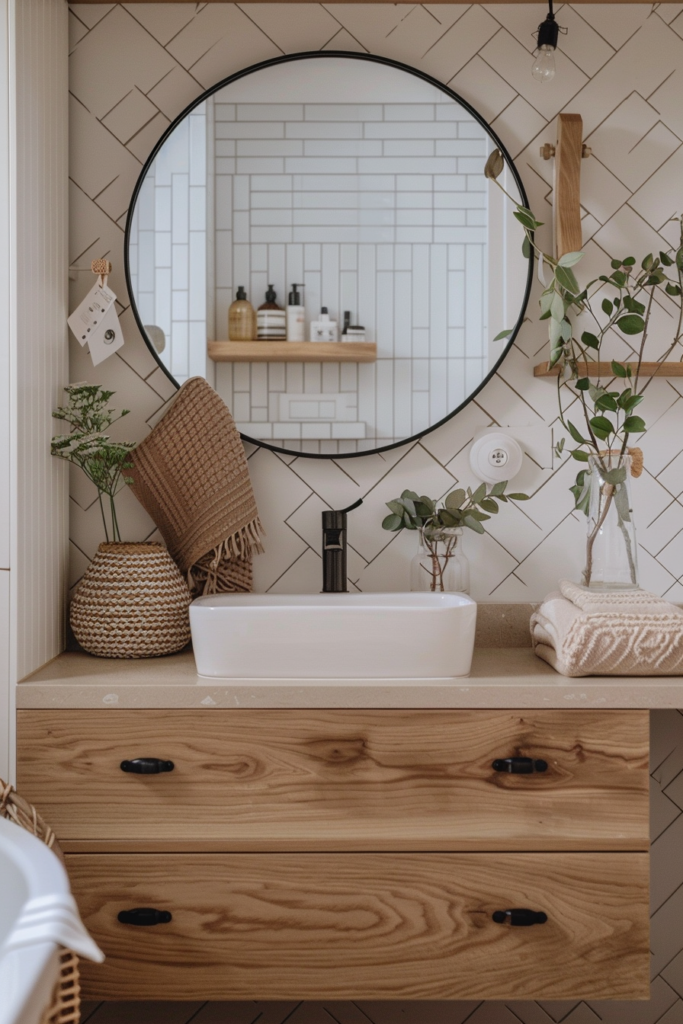 A stylish bathroom vanity with a wooden design, a rectangular sink, and a round mirror, accented by plants and woven accessories.