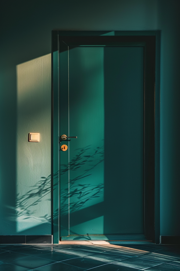 A closed door with sunlight casting shadows of plants on a teal wall, next to a light switch.