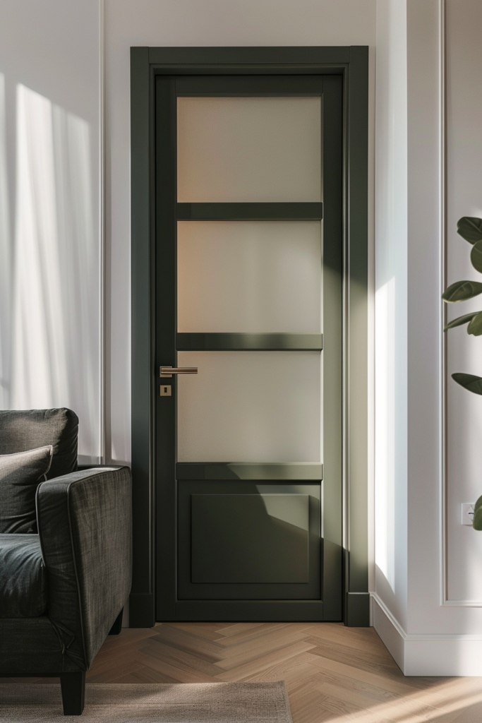 Modern interior with a dark green door partially open, sunlight streaming in beside a dark gray armchair and herringbone wood floor.