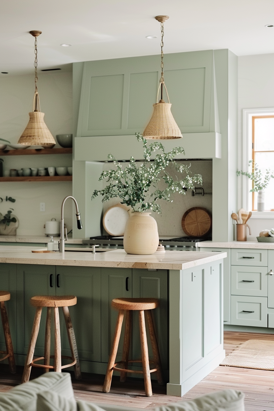 ALT: A cozy kitchen interior with sage green cabinetry, marble countertops, wooden stools, and two wicker pendant lights.