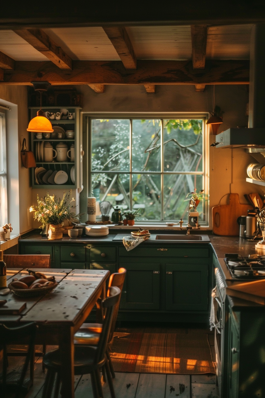 Cozy kitchen interior at sunset with natural light, green cabinets, wooden table, chairs and a vase of flowers by the window.