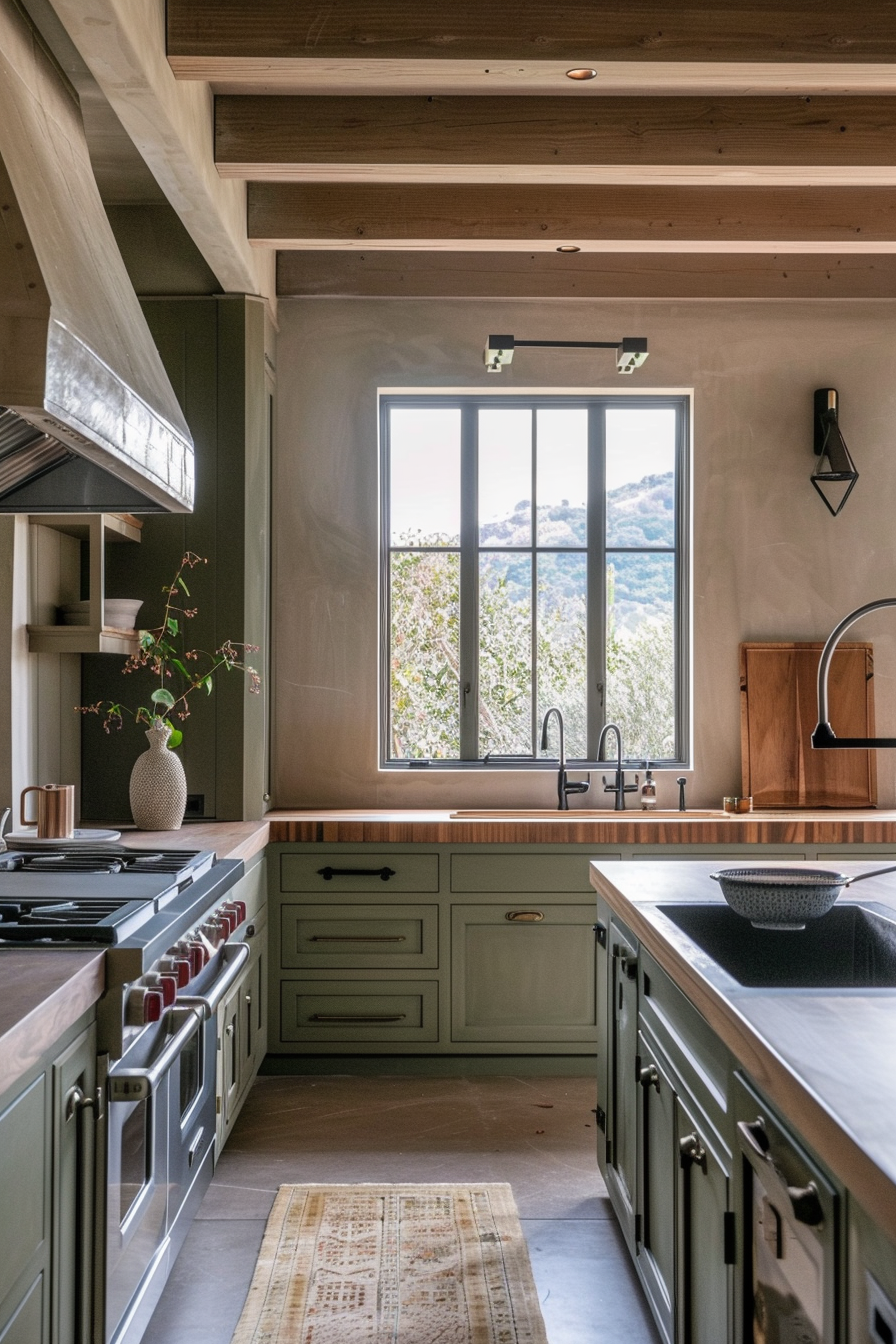 Rustic-style kitchen interior with olive green cabinetry, wooden accents, and a window showing a mountain view.