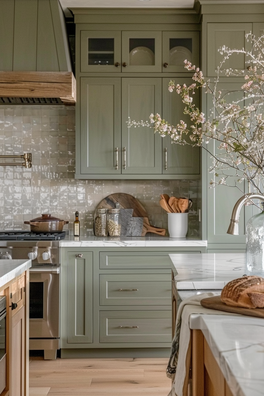 Elegant kitchen with sage green cabinets, white countertops, and subway tile backsplash, accented by a branch of cherry blossoms.