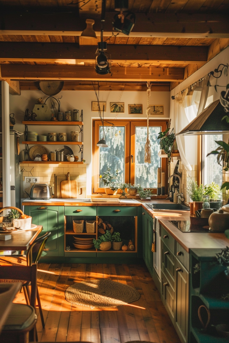 Cozy kitchen interior with warm sunlight, green cabinets, wooden shelves, and plants by the window.