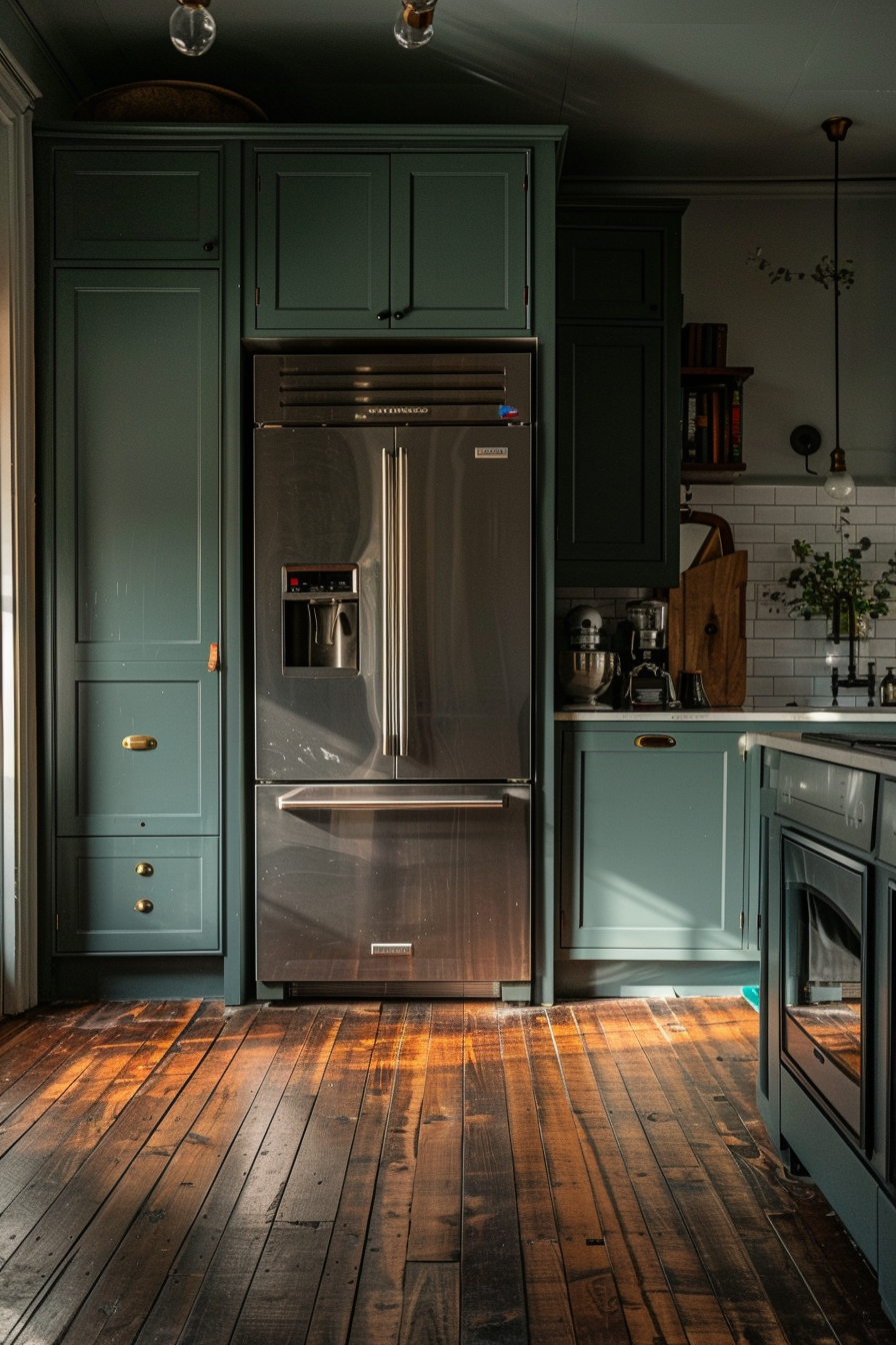 A cozy kitchen with dark wooden floors, green cabinetry, and a stainless steel refrigerator bathed in warm sunlight.