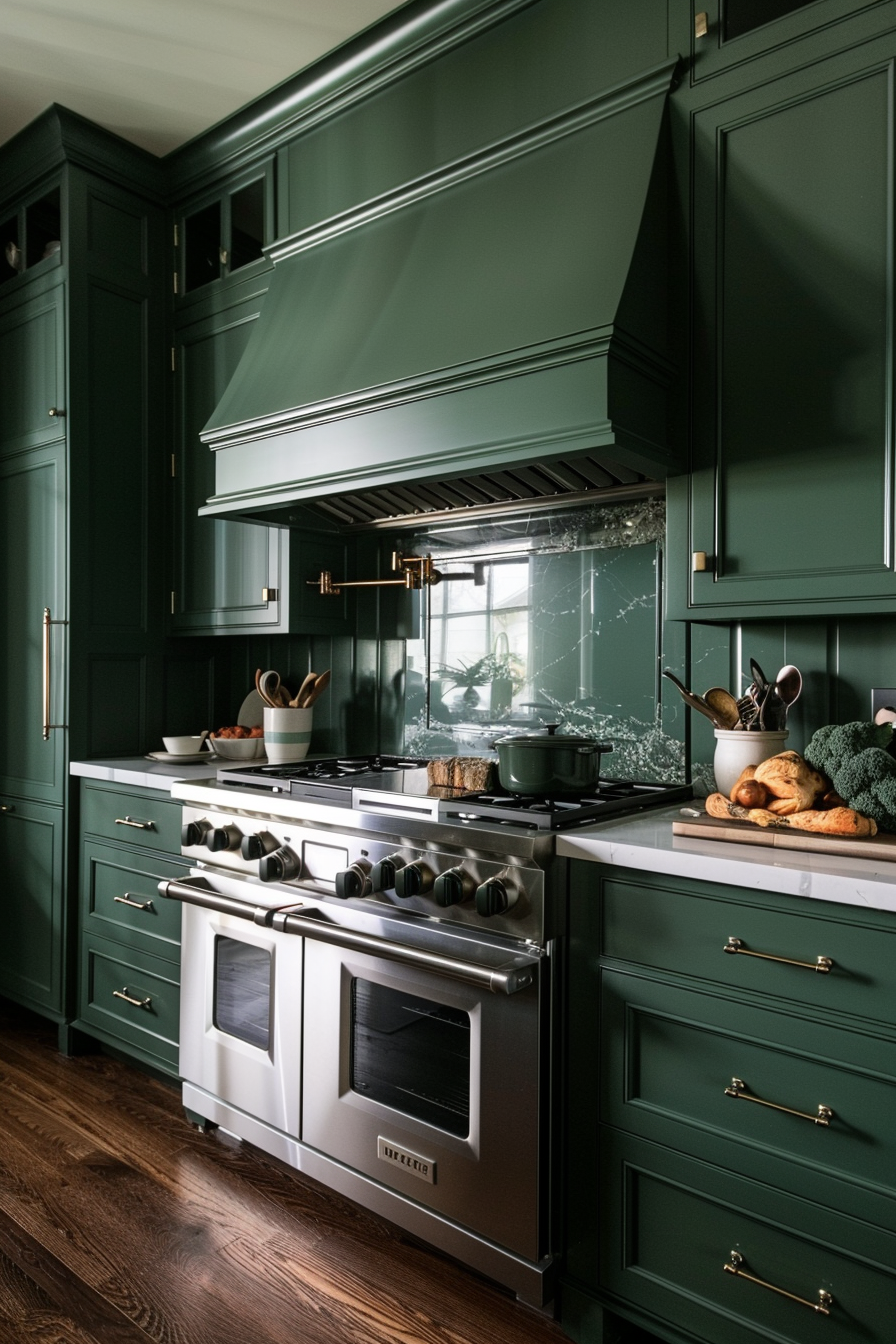 Elegant dark green kitchen cabinetry with brass hardware, featuring a professional stainless steel stove and a marbled backsplash.