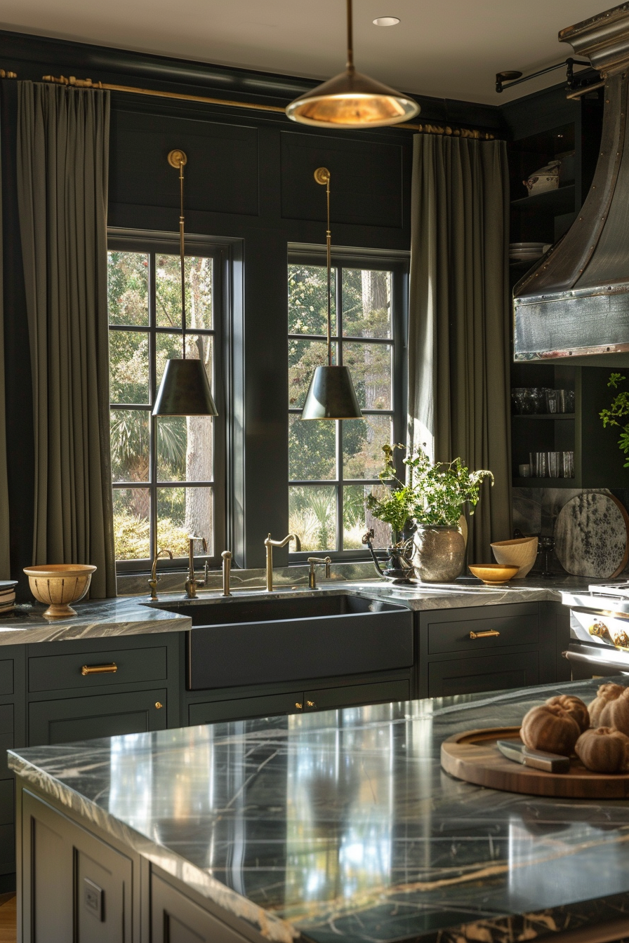 Elegant kitchen interior with dark cabinetry, marble countertops, brass fixtures, pendant lights, and a view to the garden through large windows.