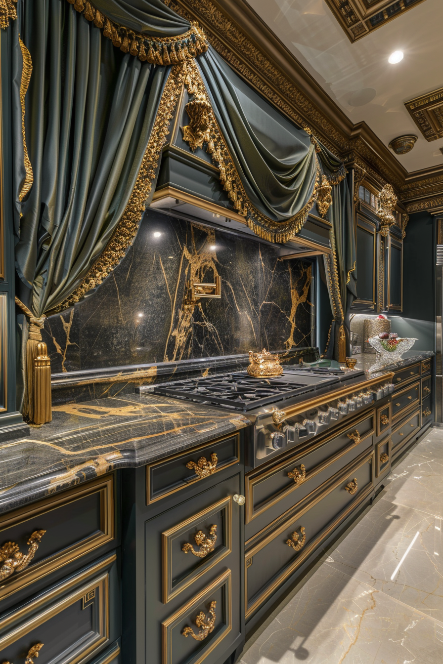Luxurious kitchen with a black and gold stove, matching dark cabinets with gold trim, marble countertops, and ornate green drapery.